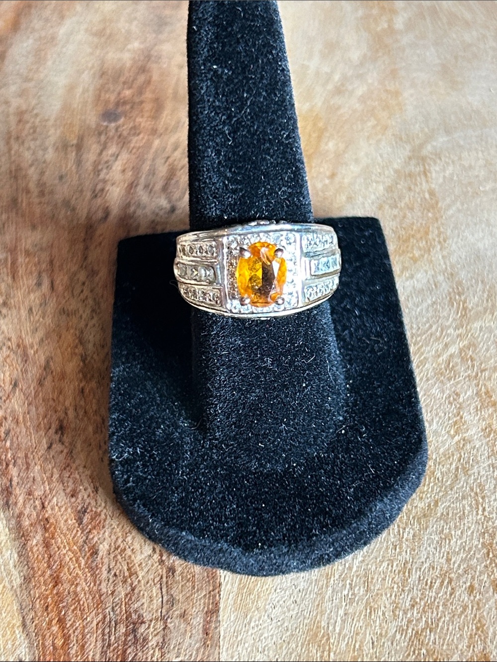 Silver Ring with Amber Center Stone and Accented Clear Stones